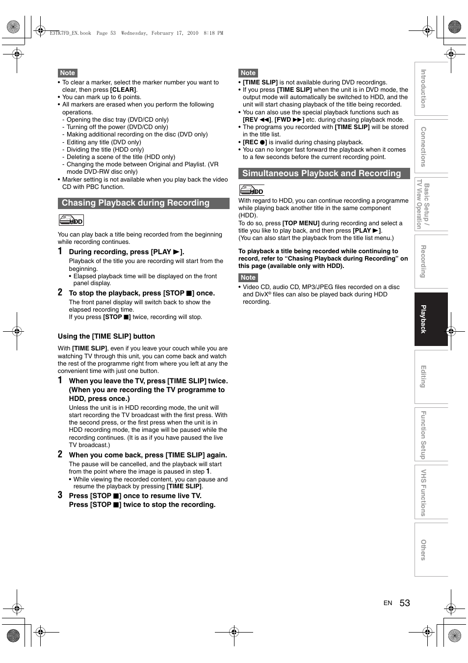 Chasing playback during recording, Simultaneous playback and recording | Toshiba RDXV50 User Manual | Page 53 / 84