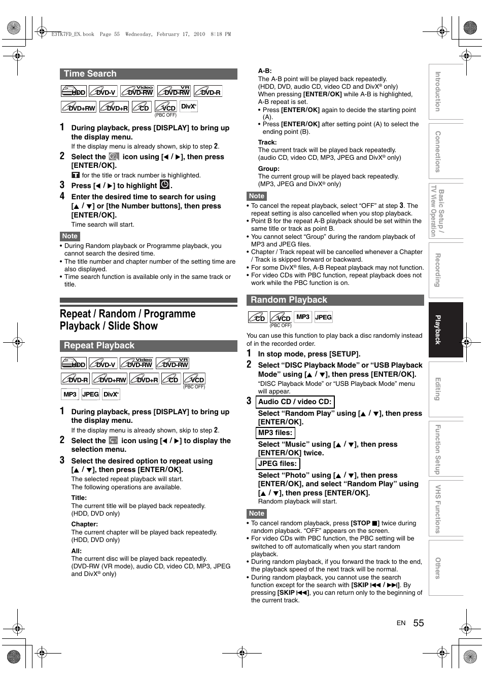 Repeat / random / programme playback / slide show, Time search repeat playback, Random playback | Toshiba RDXV50 User Manual | Page 55 / 84