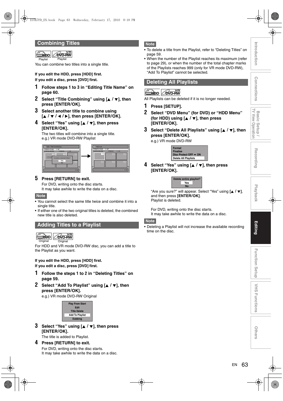 Combining titles adding titles to a playlist, Deleting all playlists | Toshiba RDXV50 User Manual | Page 63 / 84