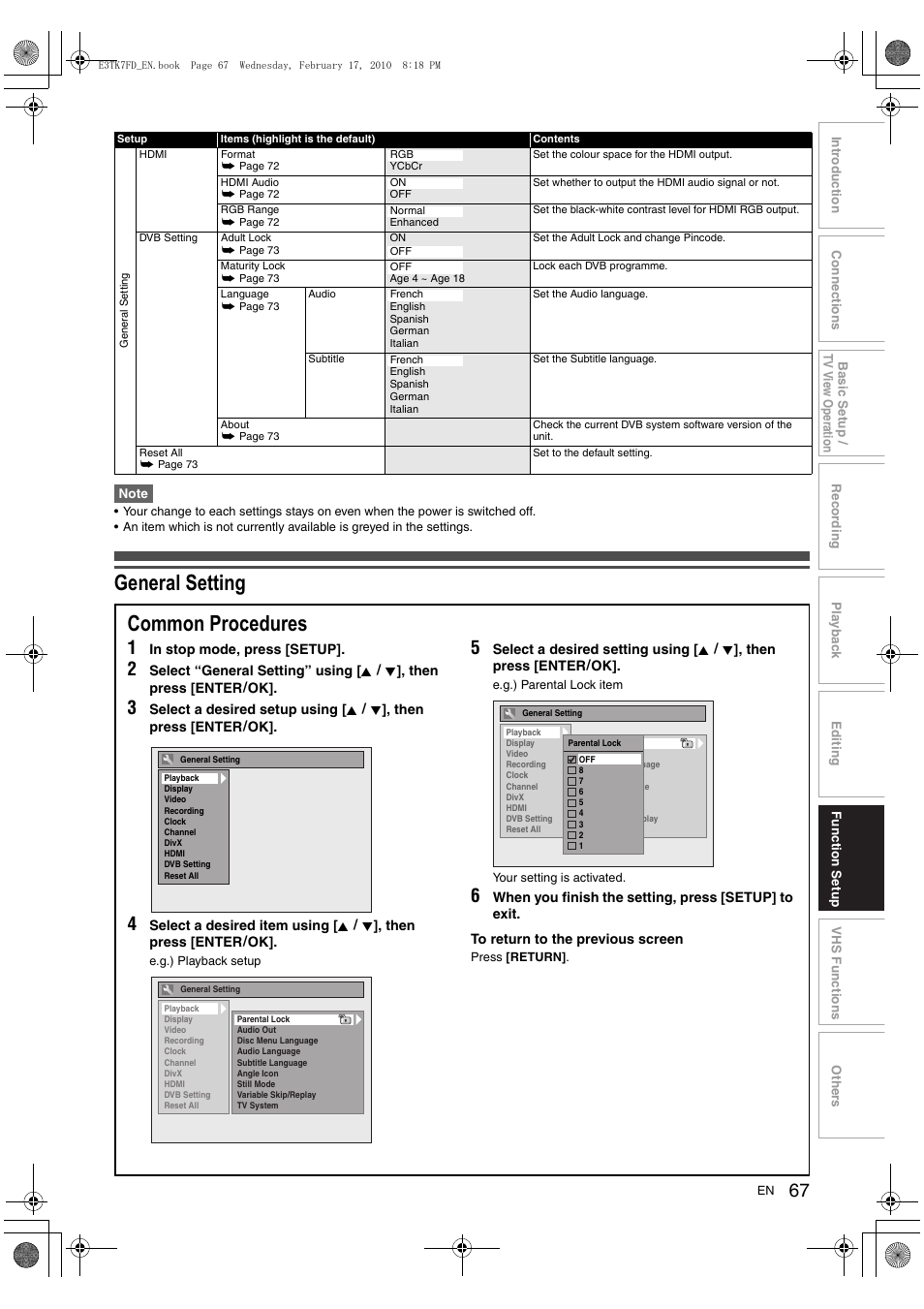 General setting, Common procedures | Toshiba RDXV50 User Manual | Page 67 / 84