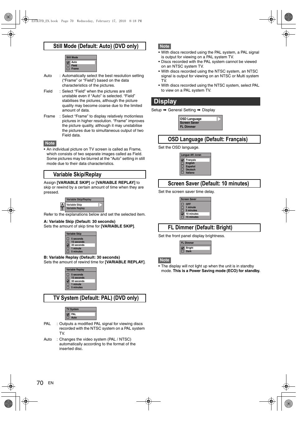 Display, G still mode (default: auto) (dvd only) | Toshiba RDXV50 User Manual | Page 70 / 84