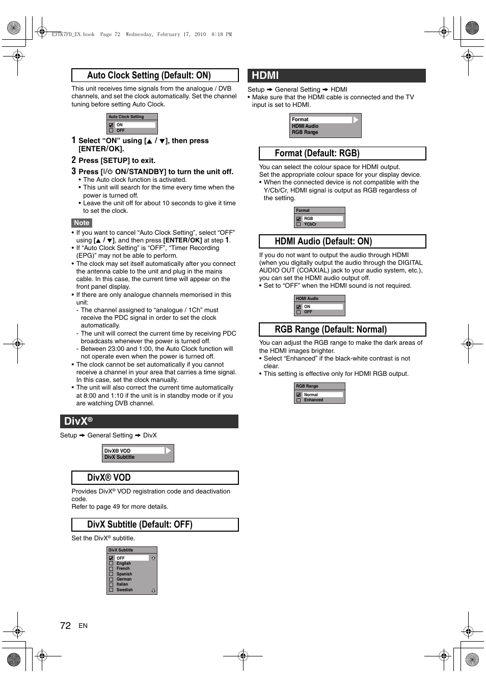 Divx, Hdmi, B auto clock setting (default: on) | A divx® vod b divx subtitle (default: off) | Toshiba RDXV50 User Manual | Page 72 / 84