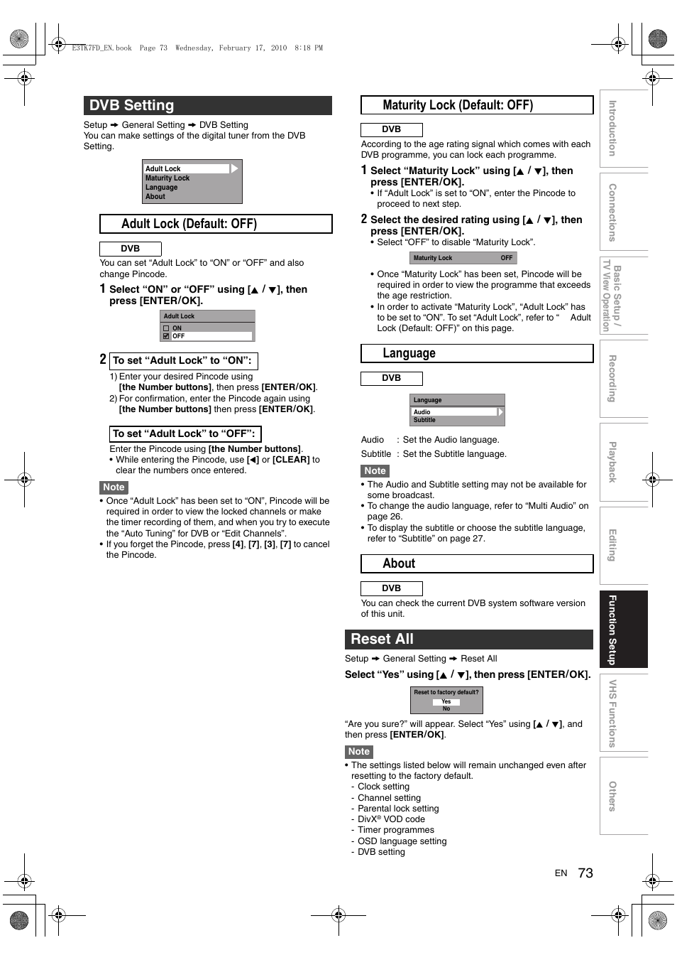 Dvb setting, Reset all, A adult lock (default: off) | B maturity lock (default: off), C language, D about | Toshiba RDXV50 User Manual | Page 73 / 84