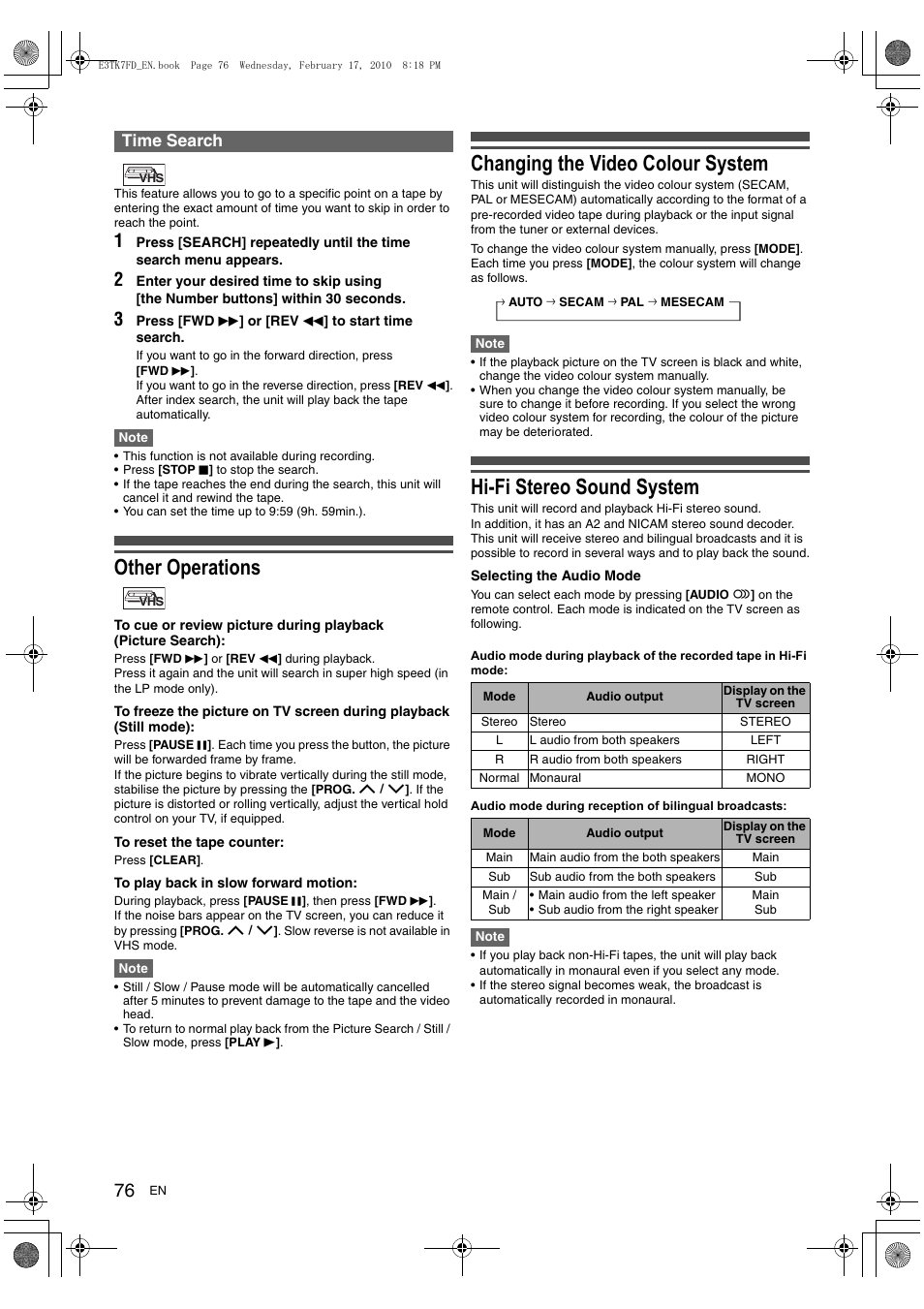 Other operations, Changing the video colour system, Hi-fi stereo sound system | Time search | Toshiba RDXV50 User Manual | Page 76 / 84