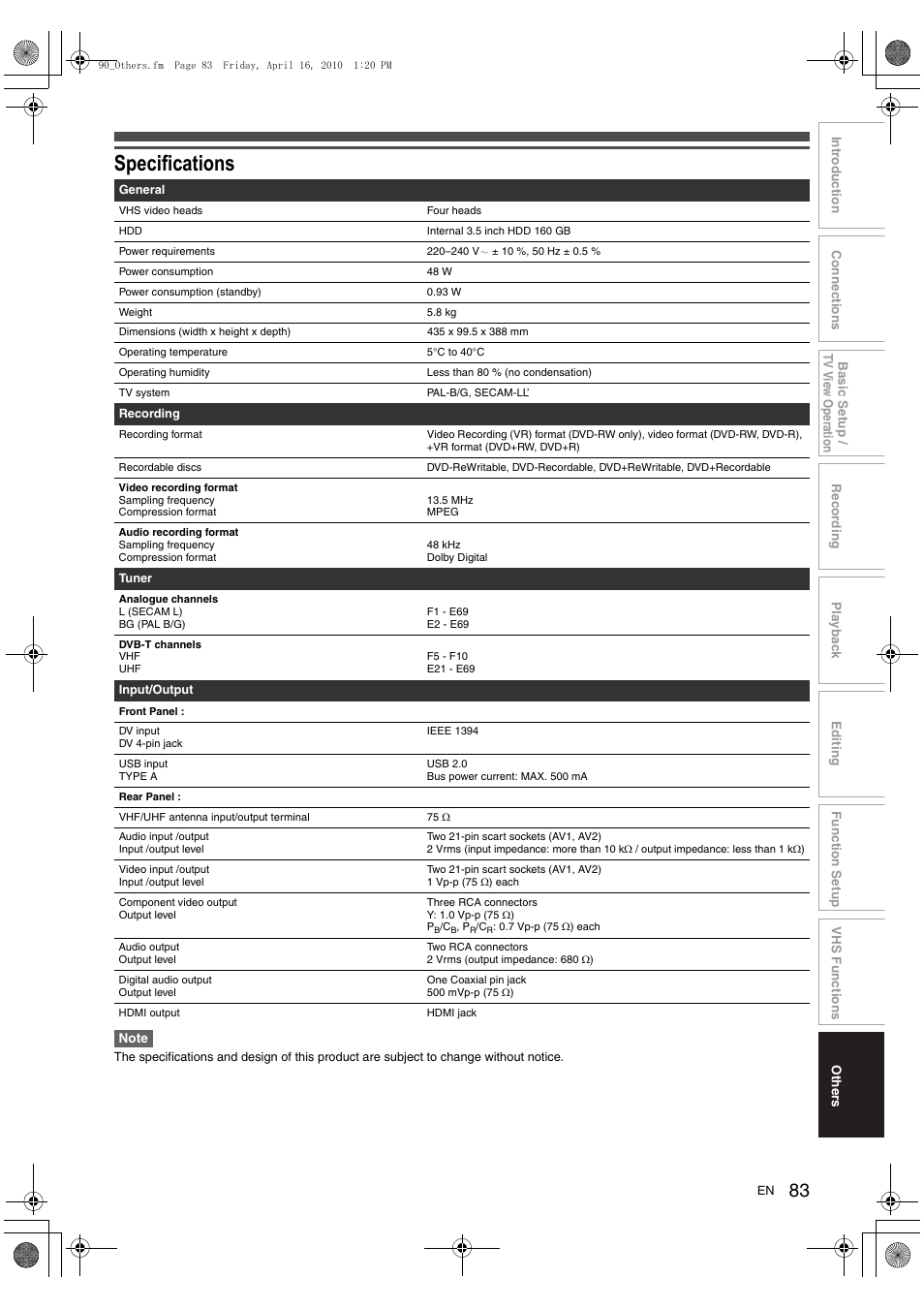 Specifications | Toshiba RDXV50 User Manual | Page 83 / 84