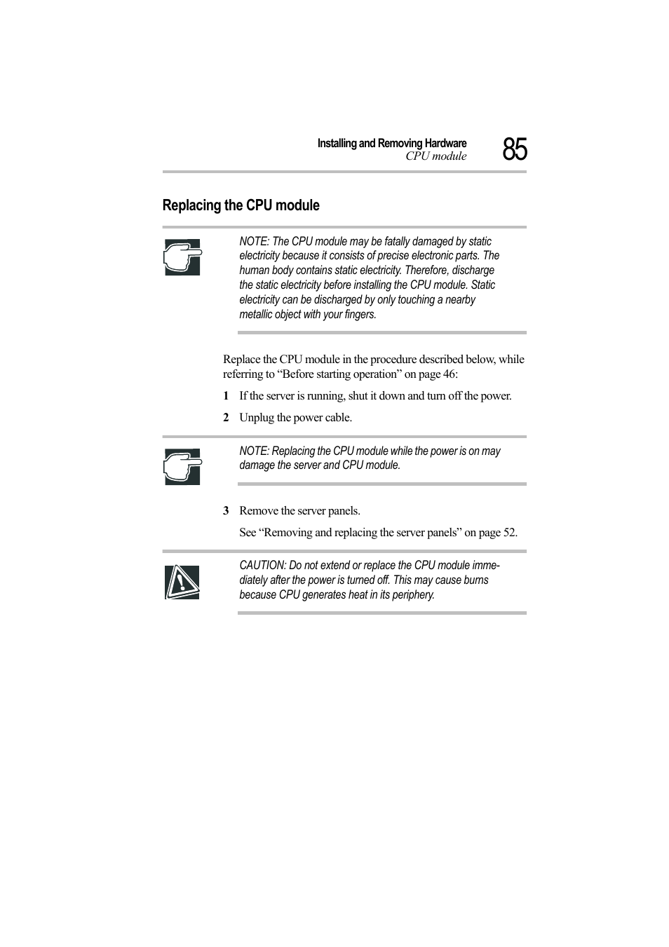 Replacing the cpu module, 2 unplug the power cable, 3 remove the server panels | Toshiba Magnia Z500 User Manual | Page 104 / 242