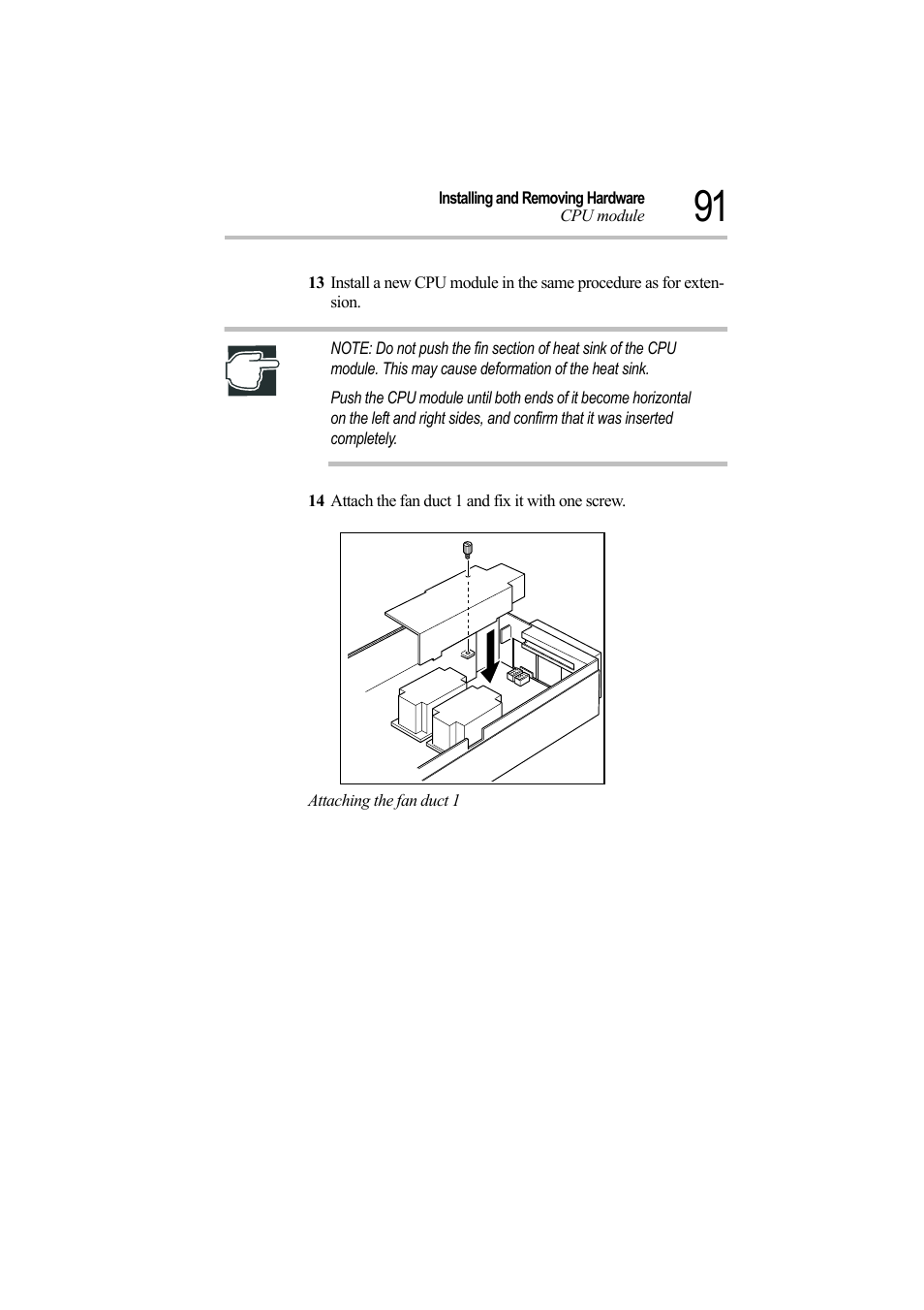 14 attach the fan duct 1 and fix it with one screw, Attaching the fan duct 1 | Toshiba Magnia Z500 User Manual | Page 110 / 242