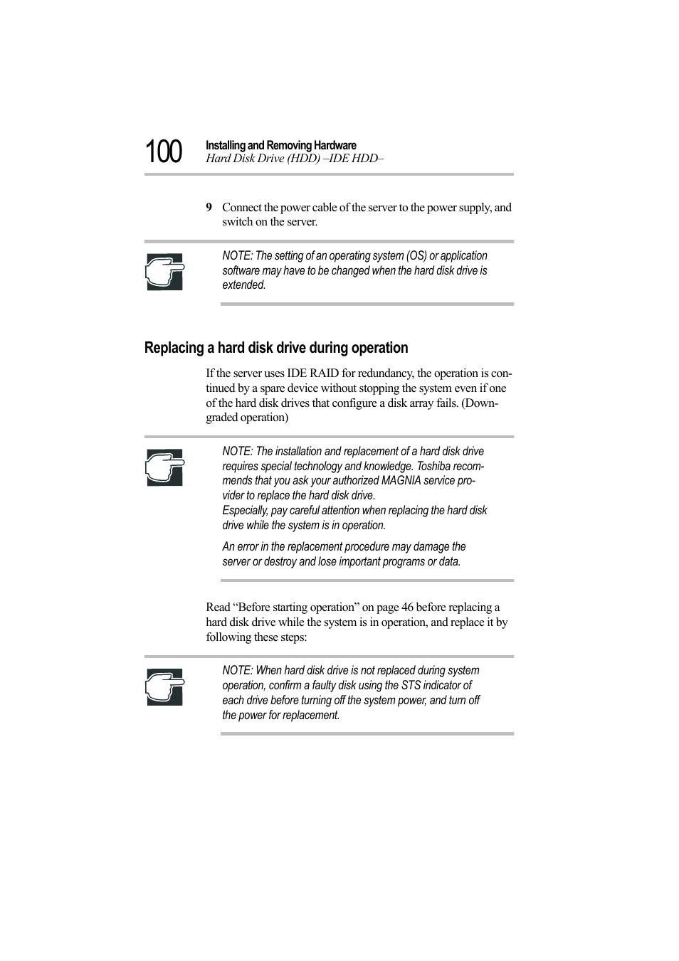 Replacing a hard disk drive during operation | Toshiba Magnia Z500 User Manual | Page 119 / 242