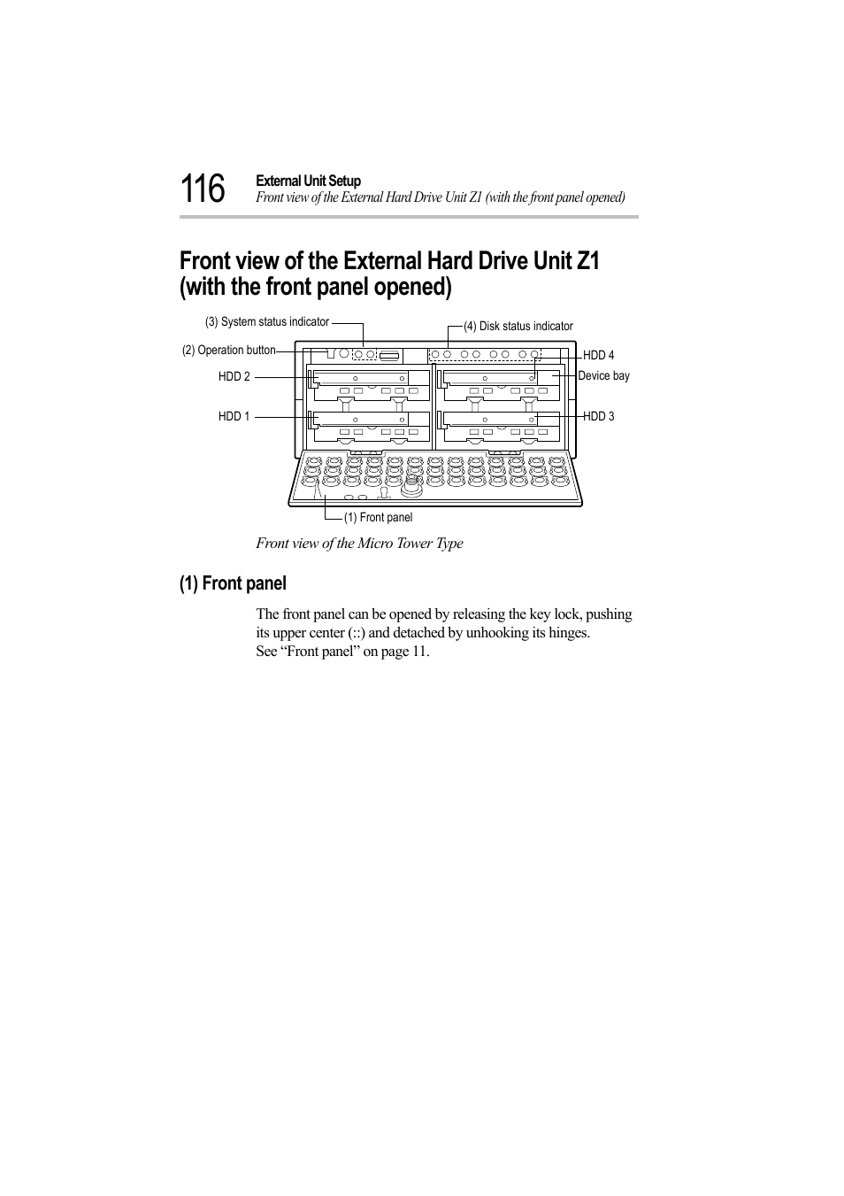 Front view of the micro tower type, 1) front panel | Toshiba Magnia Z500 User Manual | Page 135 / 242