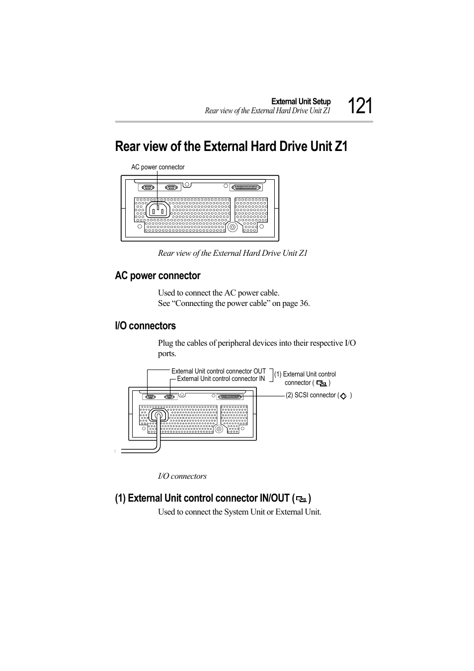 Rear view of the external hard drive unit z1, Ac power connector, I/o connectors | 1) external unit control connector in/out () | Toshiba Magnia Z500 User Manual | Page 140 / 242