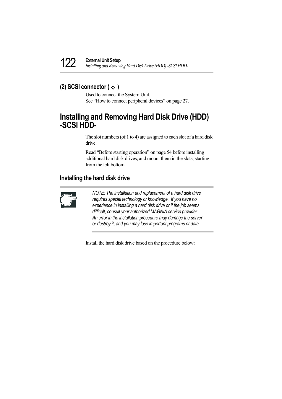 2) scsi connector (), Installing the hard disk drive, 2) scsi connector | Toshiba Magnia Z500 User Manual | Page 141 / 242