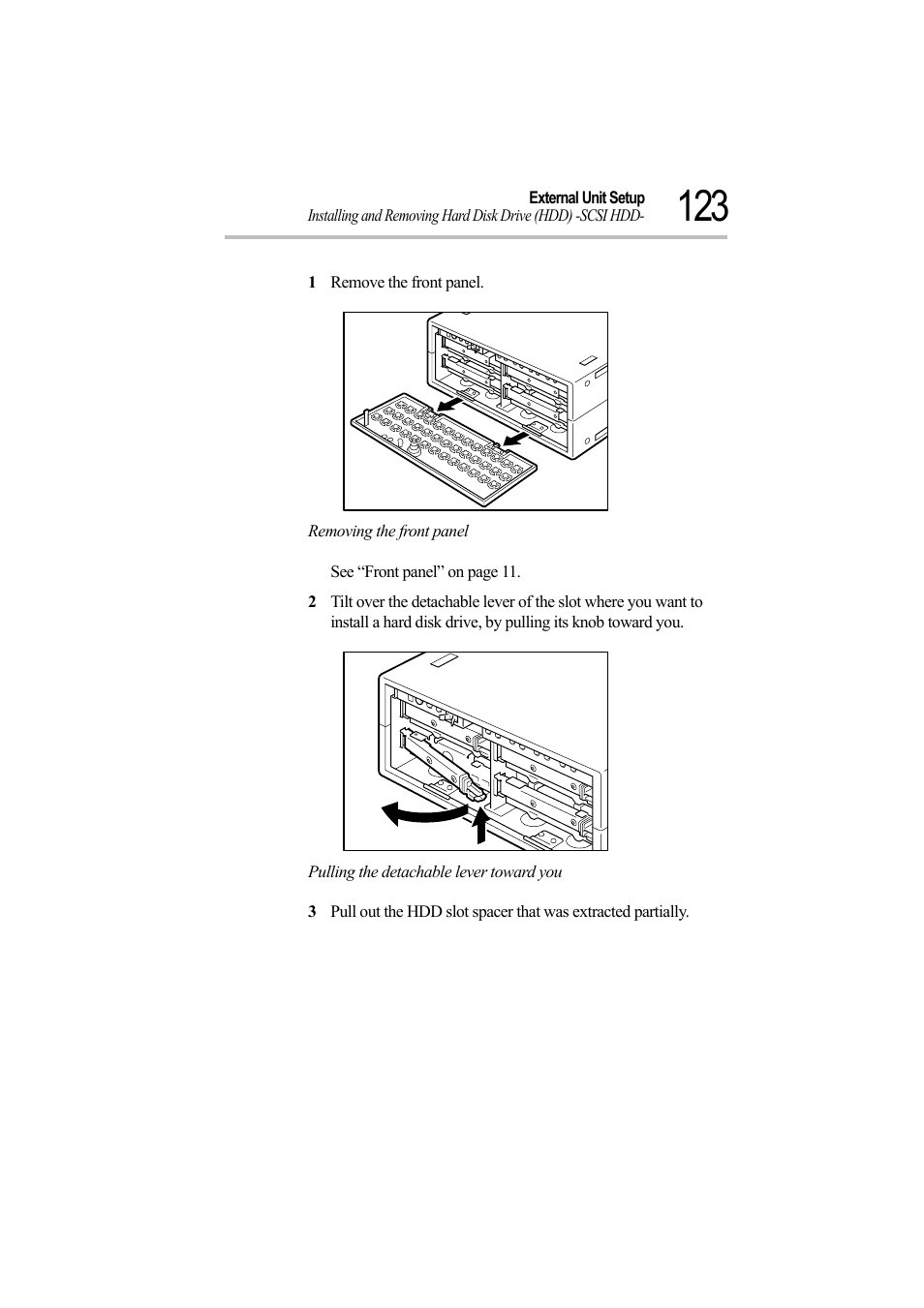 1 remove the front panel, Removing the front panel, Pulling the detachable lever toward you | Toshiba Magnia Z500 User Manual | Page 142 / 242