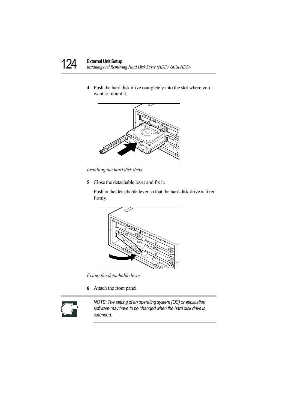 Installing the hard disk drive, 5 close the detachable lever and fix it, Fixing the detachable lever | 6 attach the front panel | Toshiba Magnia Z500 User Manual | Page 143 / 242