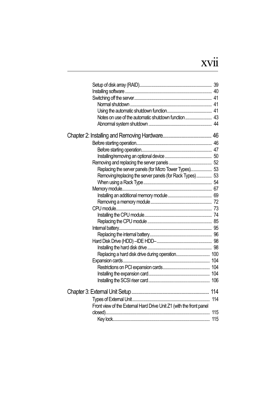 Chapter 2: installing and removing hardware 46, Chapter 3: external unit setup 114, Xvii | Toshiba Magnia Z500 User Manual | Page 15 / 242