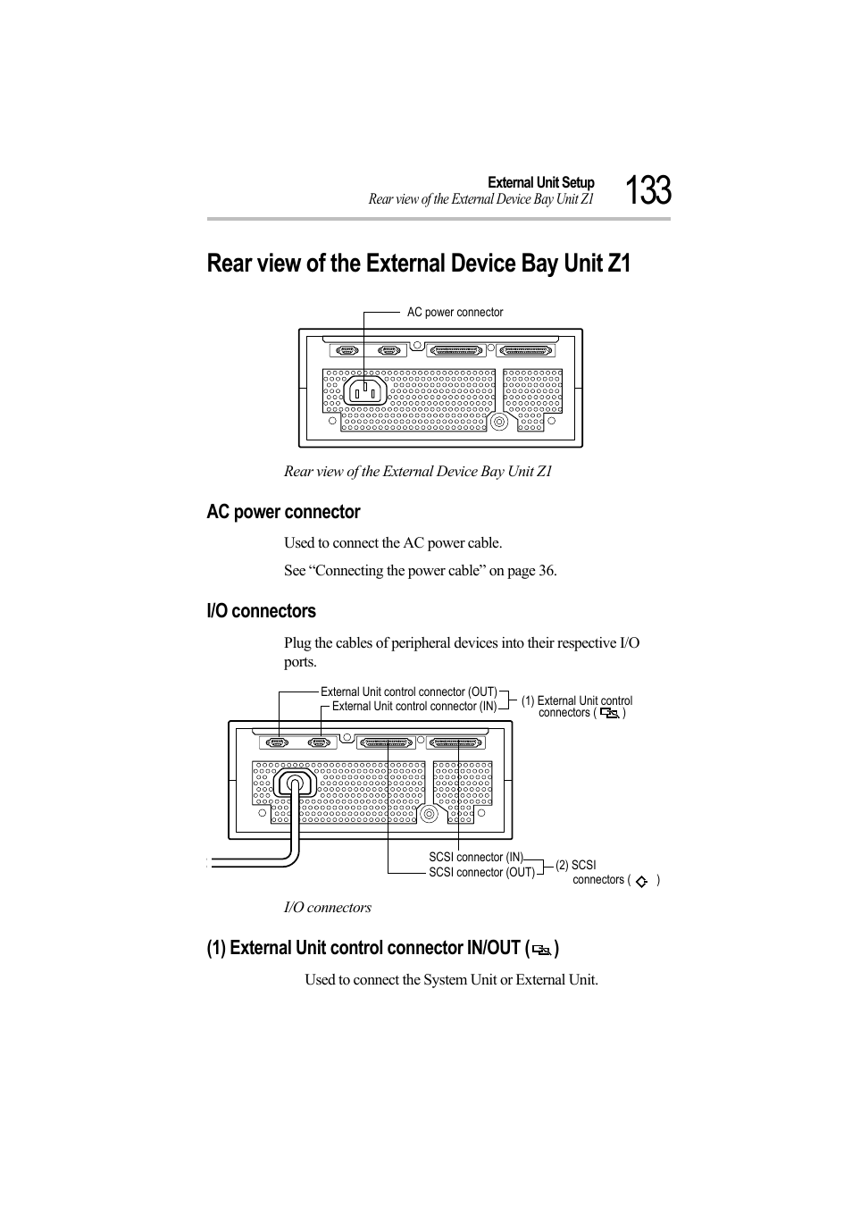 Rear view of the external device bay unit z1, Ac power connector, I/o connectors | 1) external unit control connector in/out (), 1) external unit control connector in/out ( ) | Toshiba Magnia Z500 User Manual | Page 152 / 242