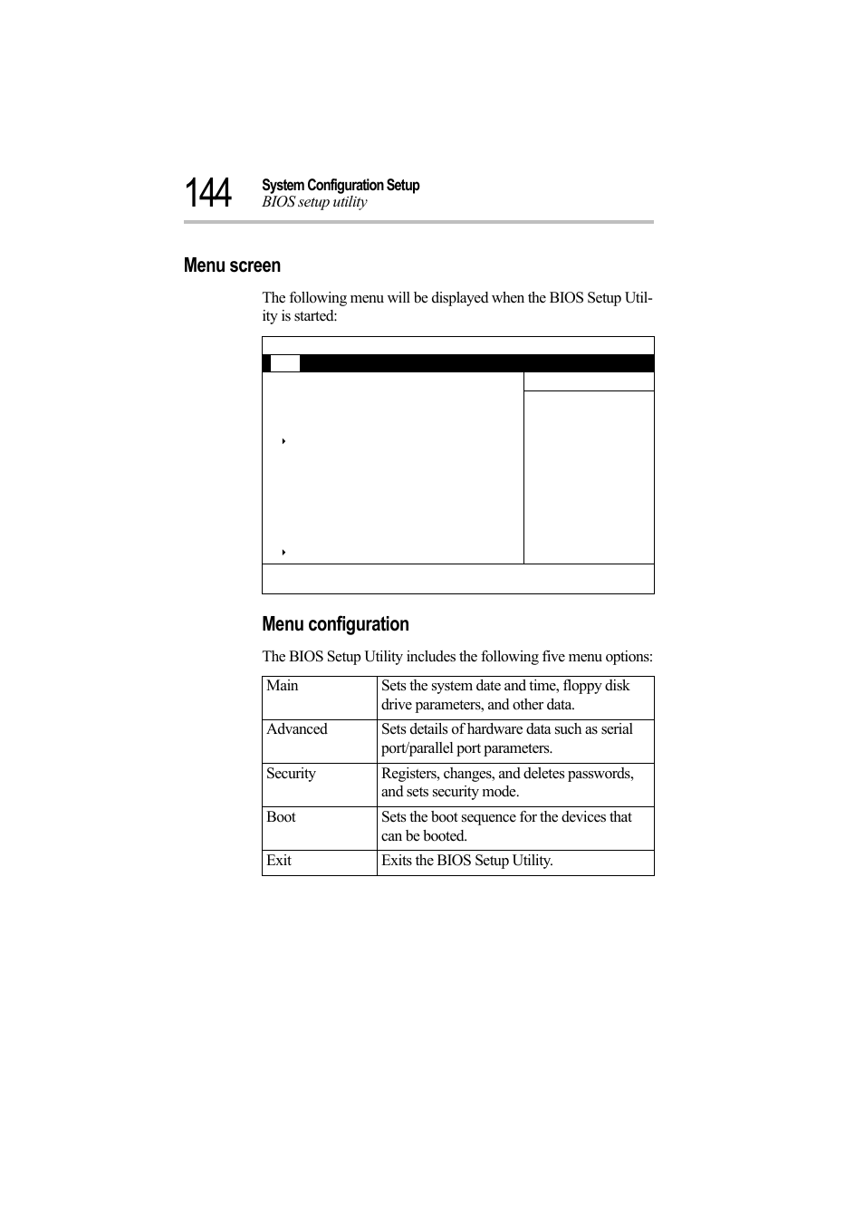 Menu screen, Menu configuration, System configuration setup bios setup utility | Toshiba Magnia Z500 User Manual | Page 163 / 242