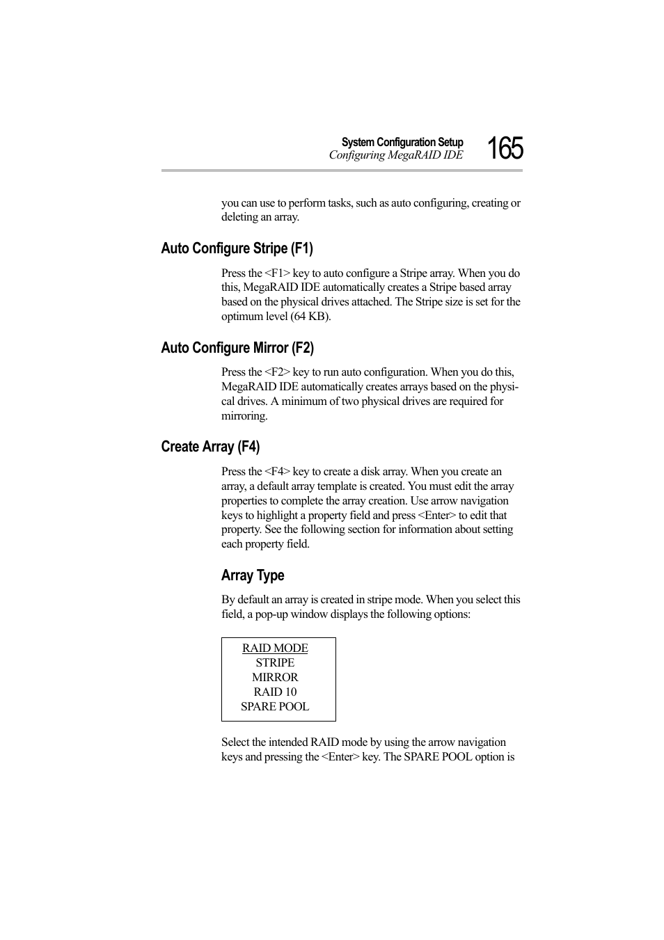 Auto configure stripe (f1), Auto configure mirror (f2), Create array (f4) | Array type | Toshiba Magnia Z500 User Manual | Page 184 / 242