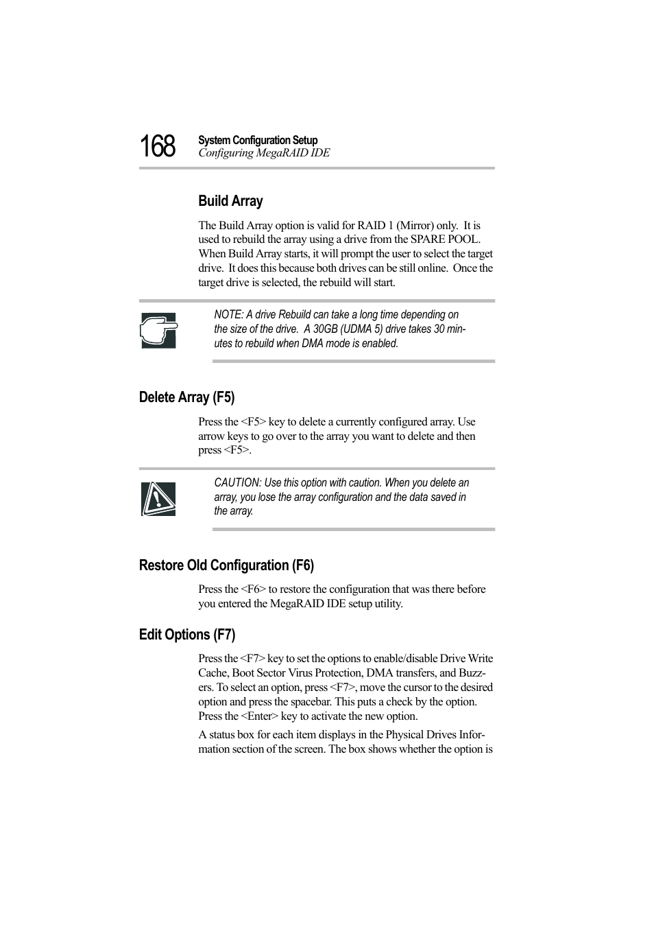 Build array, Delete array (f5), Restore old configuration (f6) | Edit options (f7) | Toshiba Magnia Z500 User Manual | Page 187 / 242