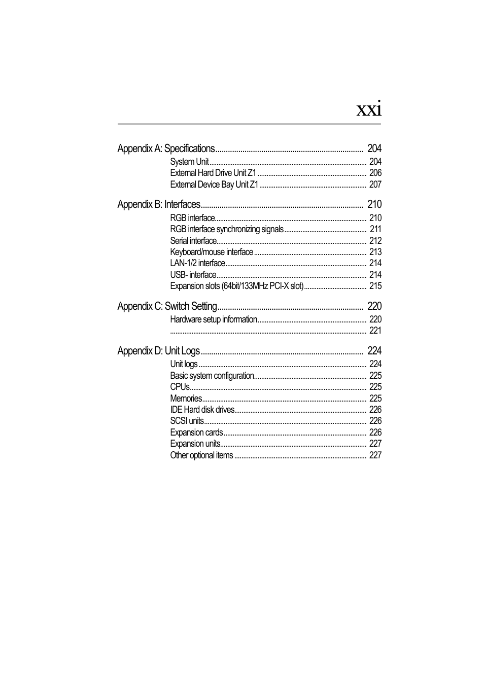 Appendix a: specifications 204, Appendix b: interfaces 210, Appendix c: switch setting 220 | Appendix d: unit logs 224 | Toshiba Magnia Z500 User Manual | Page 19 / 242