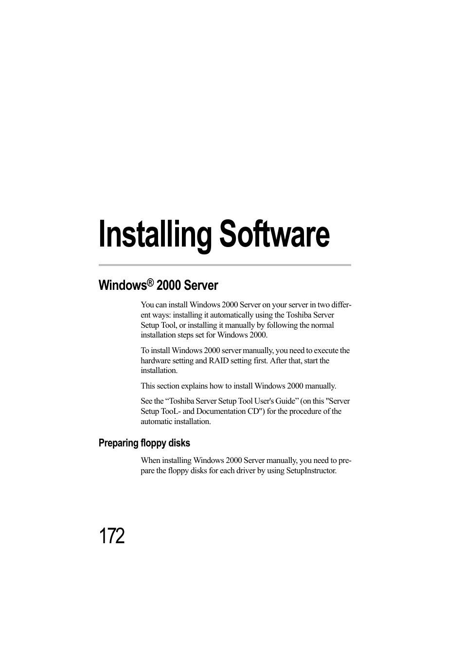 Installing software, Windows® 2000 server, Preparing floppy disks | Chapter 5: installing software | Toshiba Magnia Z500 User Manual | Page 190 / 242