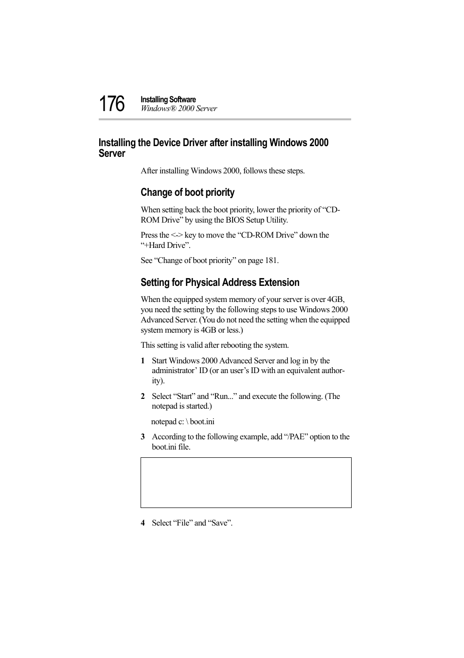 Change of boot priority, Setting for physical address extension, 4 select “file” and “save | Toshiba Magnia Z500 User Manual | Page 194 / 242