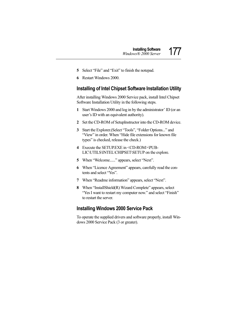 5 select “file” and “exit” to finish the notepad, 6 restart windows 2000, 5 when “welcome......” appears, select “next | 7 when “readme information” appears, select “next, Installing windows 2000 service pack | Toshiba Magnia Z500 User Manual | Page 195 / 242