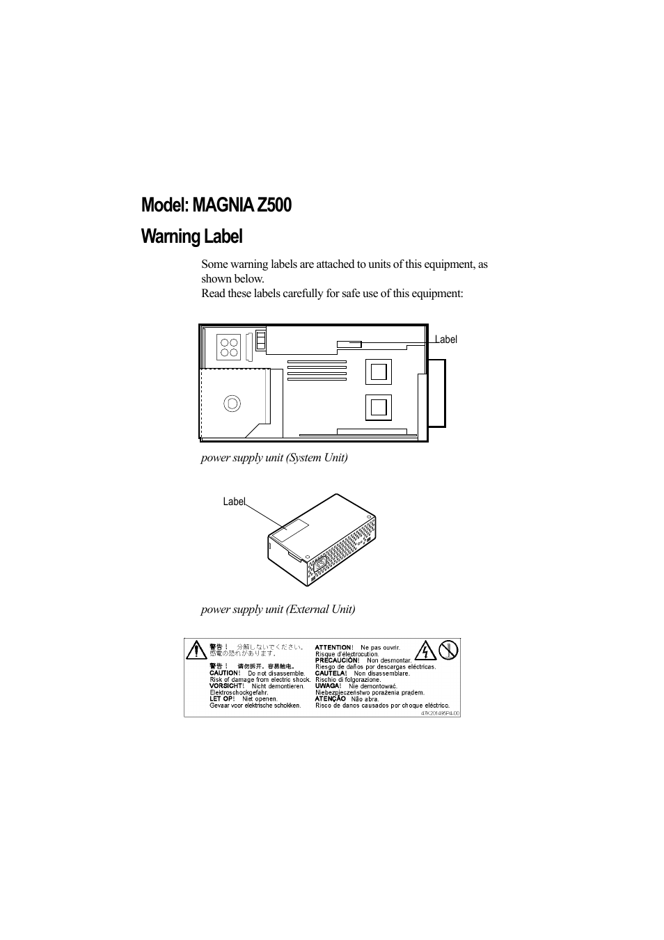 Model: magnia z500, Warning label, Power supply unit (system unit) | Power supply unit (external unit), Model: magnia z500 warning label | Toshiba Magnia Z500 User Manual | Page 2 / 242