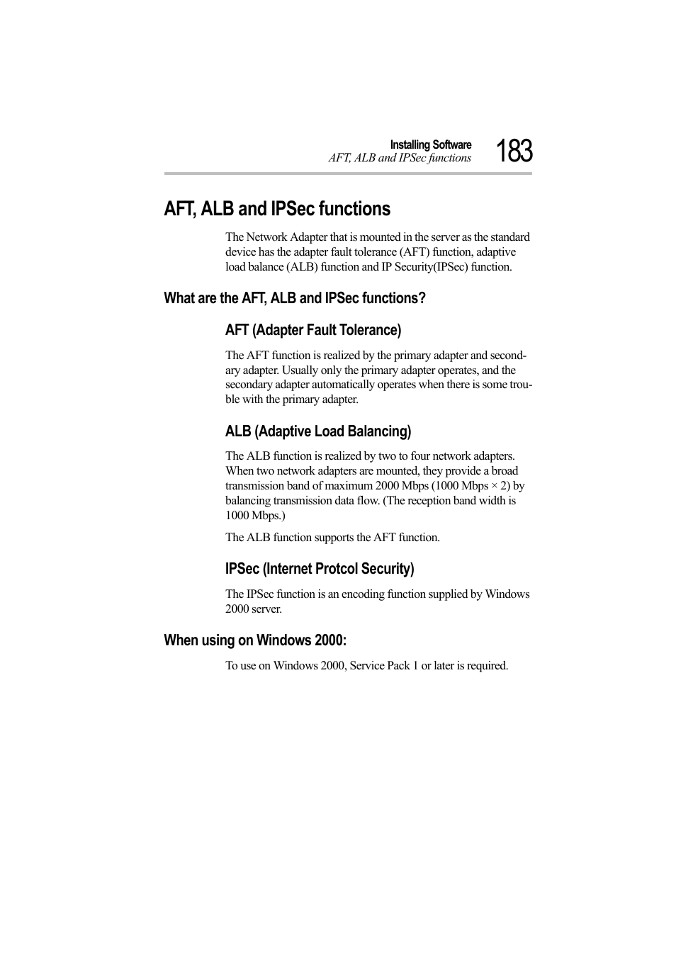 Aft, alb and ipsec functions, What are the aft, alb and ipsec functions, Aft (adapter fault tolerance) | Alb (adaptive load balancing), Ipsec (internet protcol security), When using on windows 2000 | Toshiba Magnia Z500 User Manual | Page 201 / 242