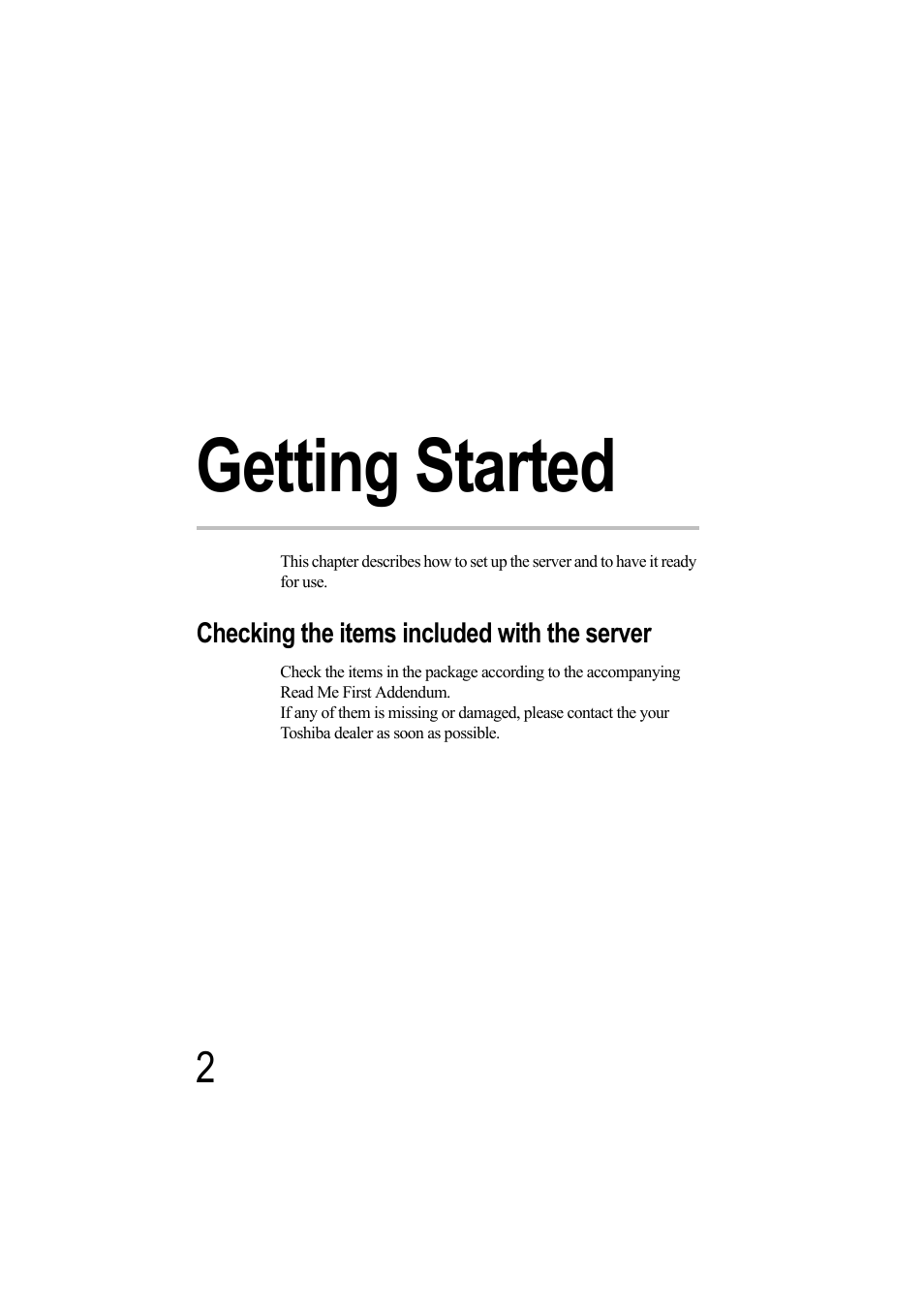 Getting started, Checking the items included with the server, Chapter 1: getting started | Toshiba Magnia Z500 User Manual | Page 21 / 242