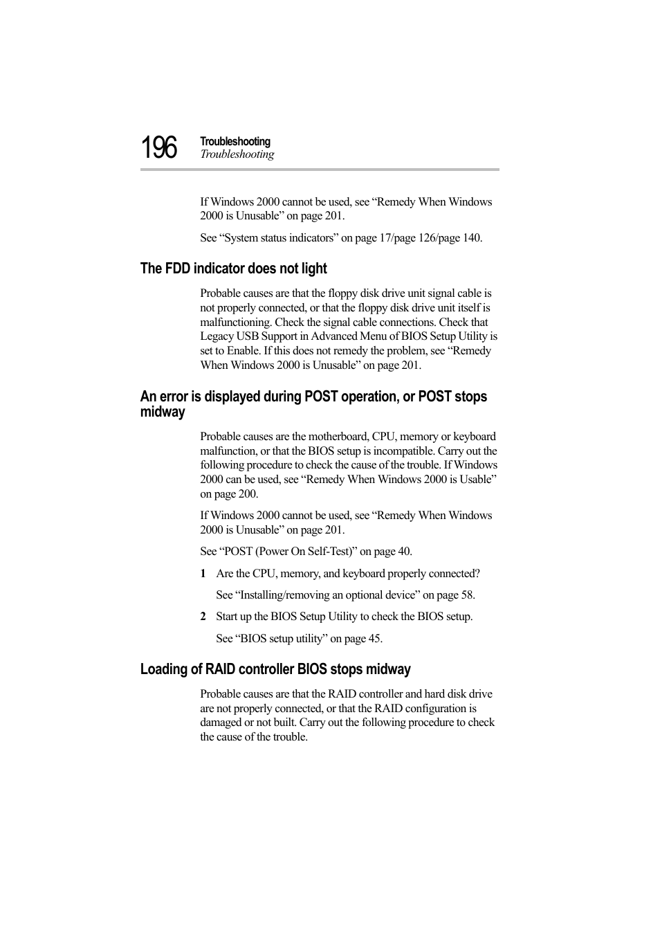 The fdd indicator does not light, Loading of raid controller bios stops midway | Toshiba Magnia Z500 User Manual | Page 213 / 242