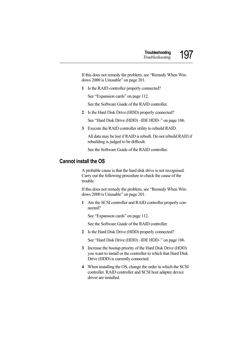 1 is the raid controller properly connected, 2 is the hard disk drive (hdd) properly connected, Cannot install the os | Toshiba Magnia Z500 User Manual | Page 214 / 242