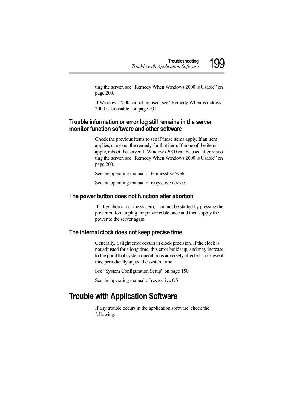 The power button does not function after abortion, The internal clock does not keep precise time, Trouble with application software | Toshiba Magnia Z500 User Manual | Page 216 / 242