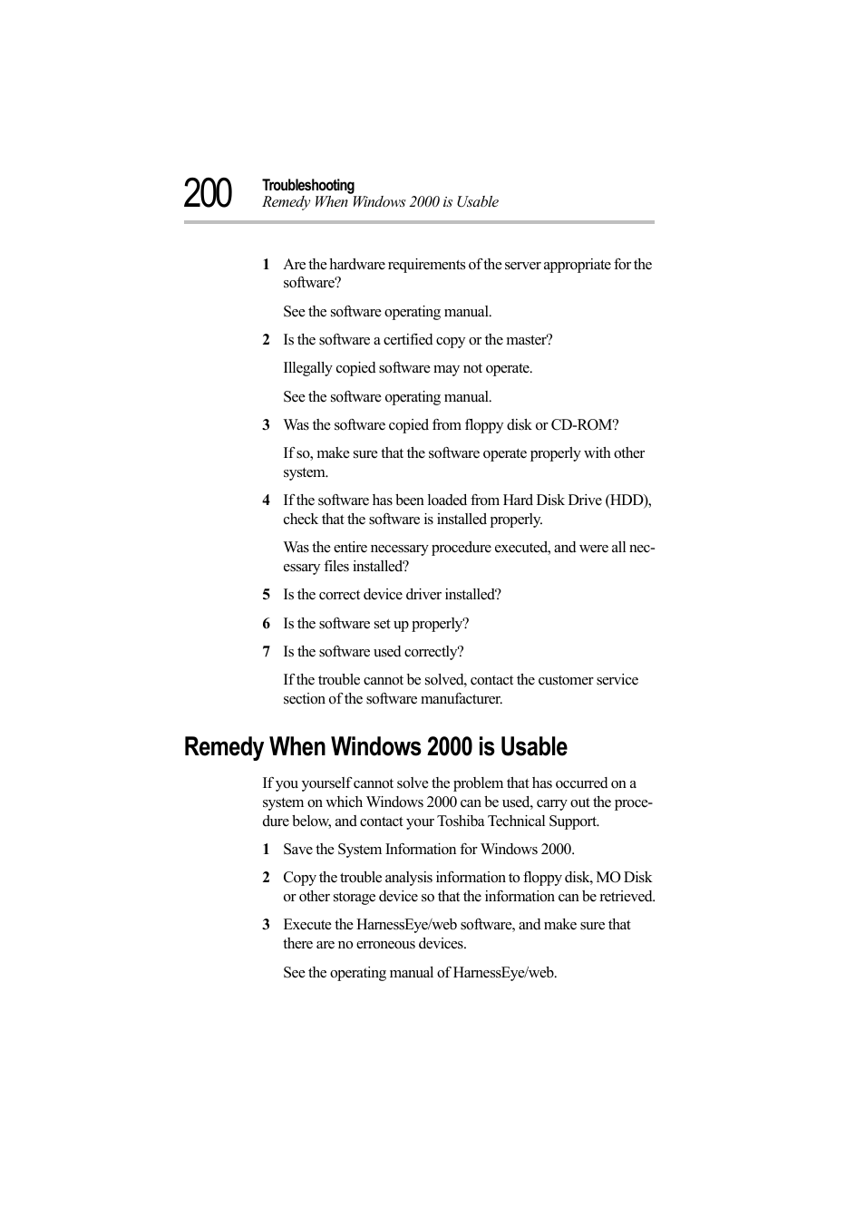 2 is the software a certified copy or the master, 5 is the correct device driver installed, 6 is the software set up properly | 7 is the software used correctly, Remedy when windows 2000 is usable, 1 save the system information for windows 2000 | Toshiba Magnia Z500 User Manual | Page 217 / 242