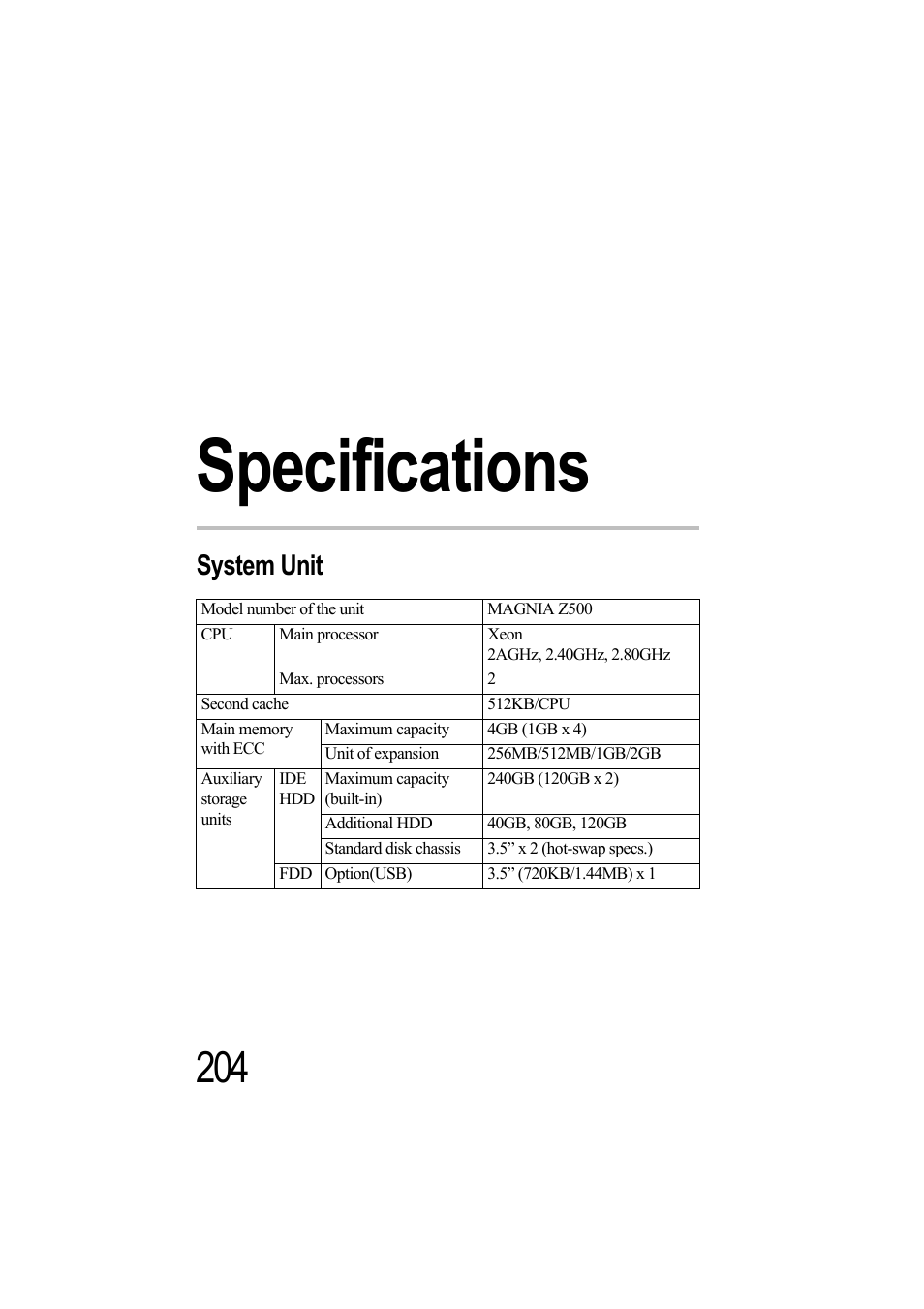 Specifications, System unit, Appendix a: specifications | Toshiba Magnia Z500 User Manual | Page 221 / 242