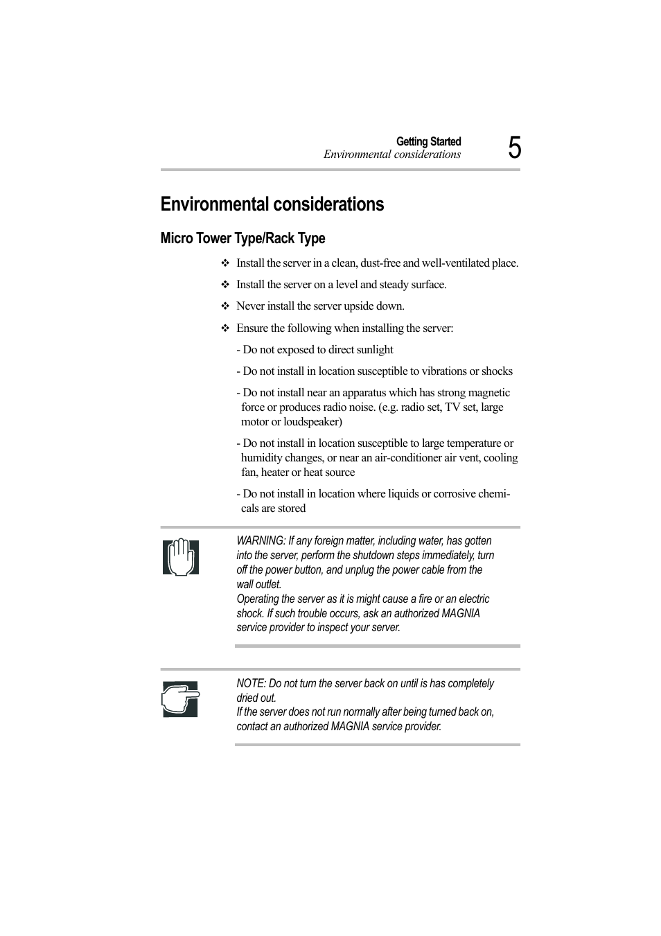 Environmental considerations, Micro tower type/rack type | Toshiba Magnia Z500 User Manual | Page 24 / 242