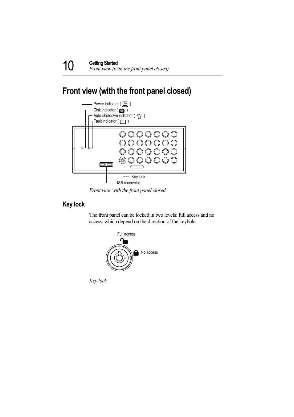 Front view (with the front panel closed), Front view with the front panel closed, Key lock | Toshiba Magnia Z500 User Manual | Page 29 / 242