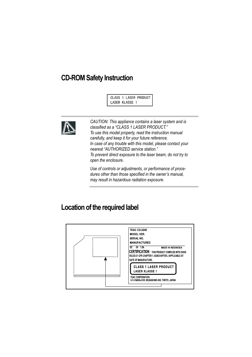 Cd-rom safety instruction, Location of the required label | Toshiba Magnia Z500 User Manual | Page 3 / 242