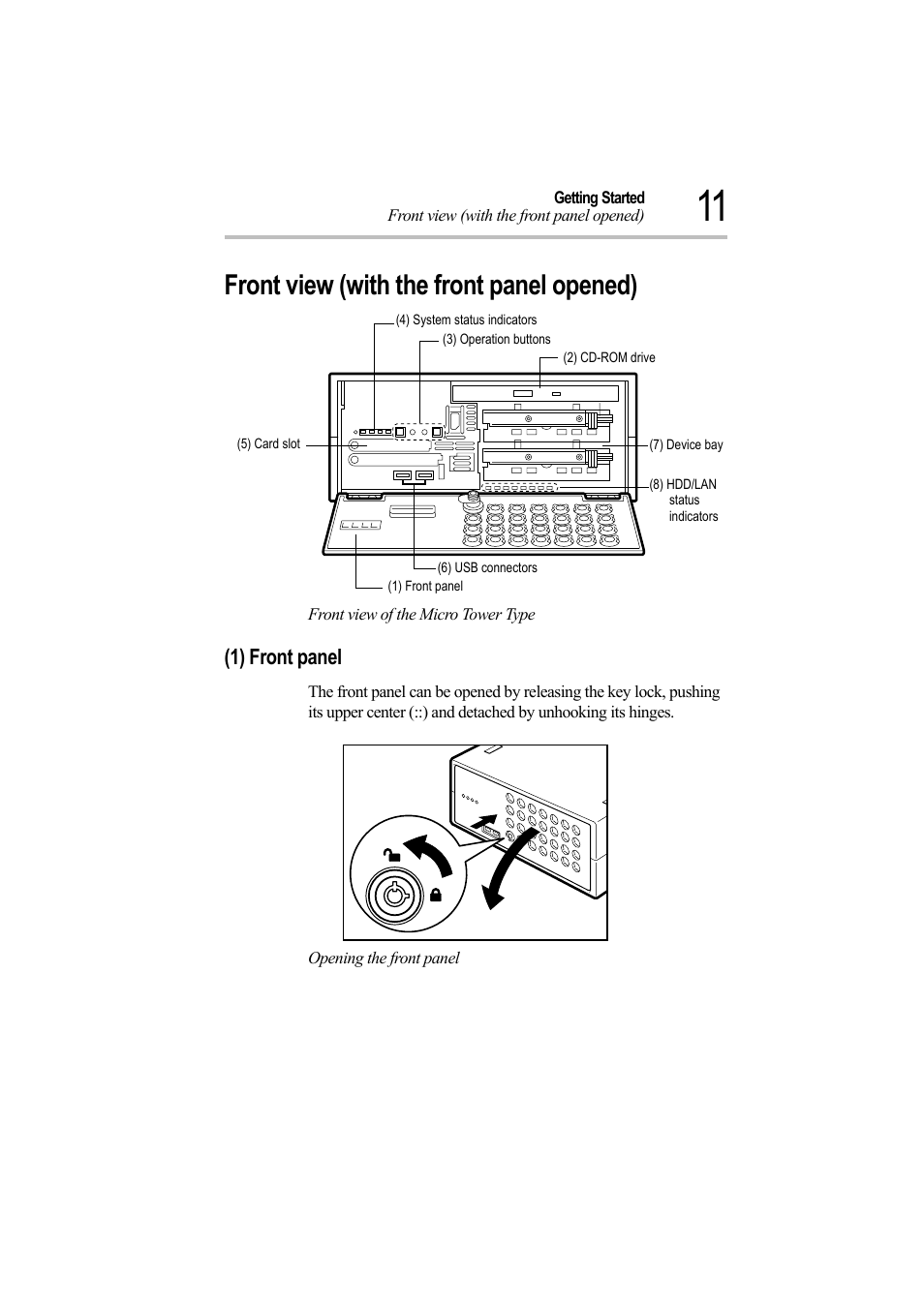 Front view (with the front panel opened), Front view of the micro tower type, Opening the front panel | 1) front panel | Toshiba Magnia Z500 User Manual | Page 30 / 242