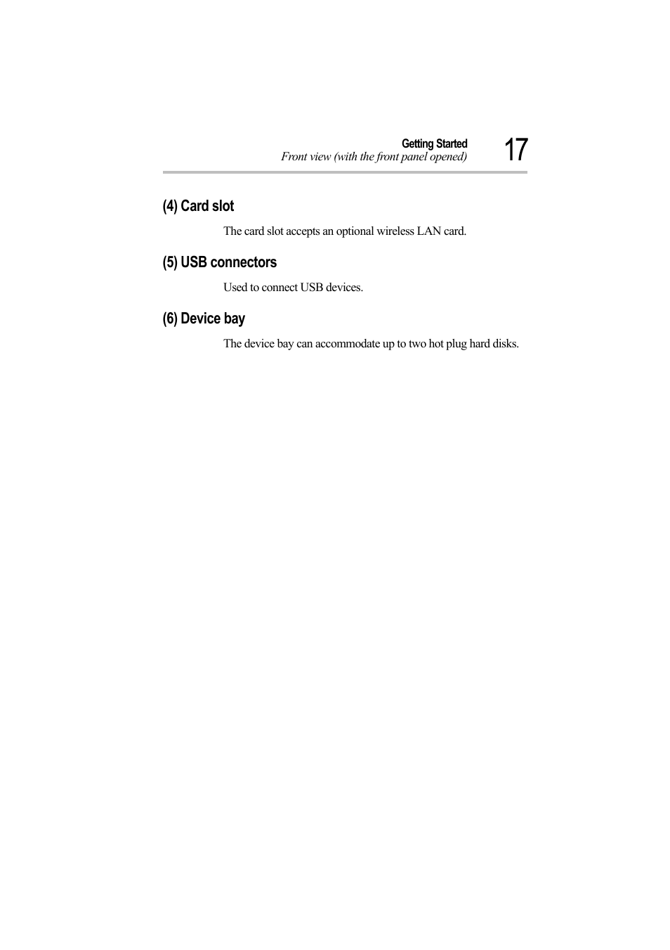 4) card slot, 5) usb connectors, 6) device bay | 4) card slot (5) usb connectors (6) device bay | Toshiba Magnia Z500 User Manual | Page 36 / 242