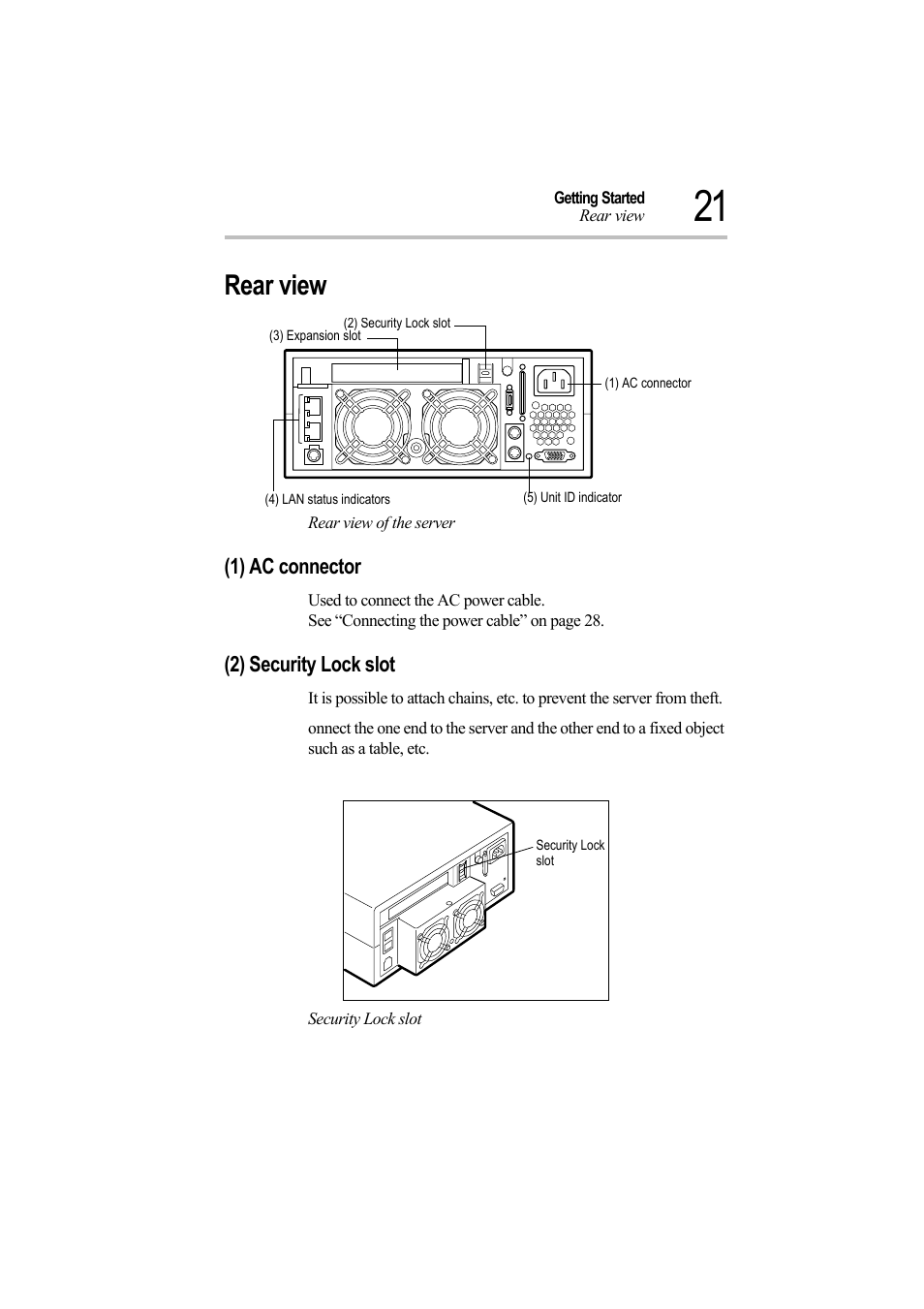 Rear view, Rear view of the server, 2) security lock slot | 1) ac connector (2) security lock slot, 1) ac connector | Toshiba Magnia Z500 User Manual | Page 40 / 242