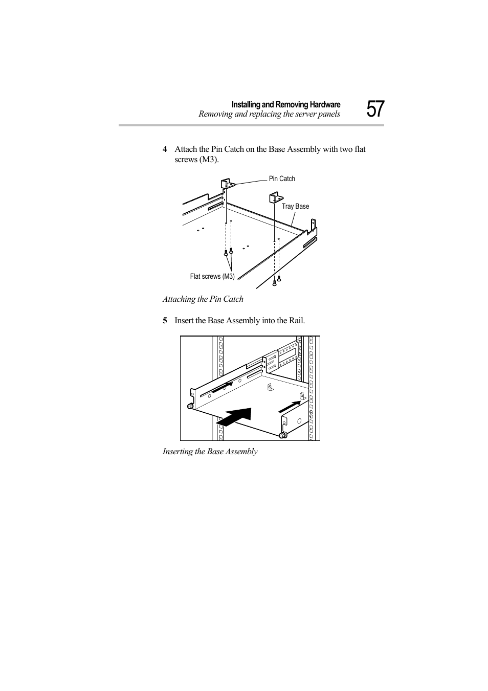 Attaching the pin catch, 5 insert the base assembly into the rail, Inserting the base assembly | Toshiba Magnia Z500 User Manual | Page 76 / 242