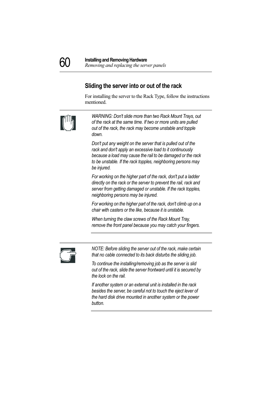 Sliding the server into or out of the rack | Toshiba Magnia Z500 User Manual | Page 79 / 242