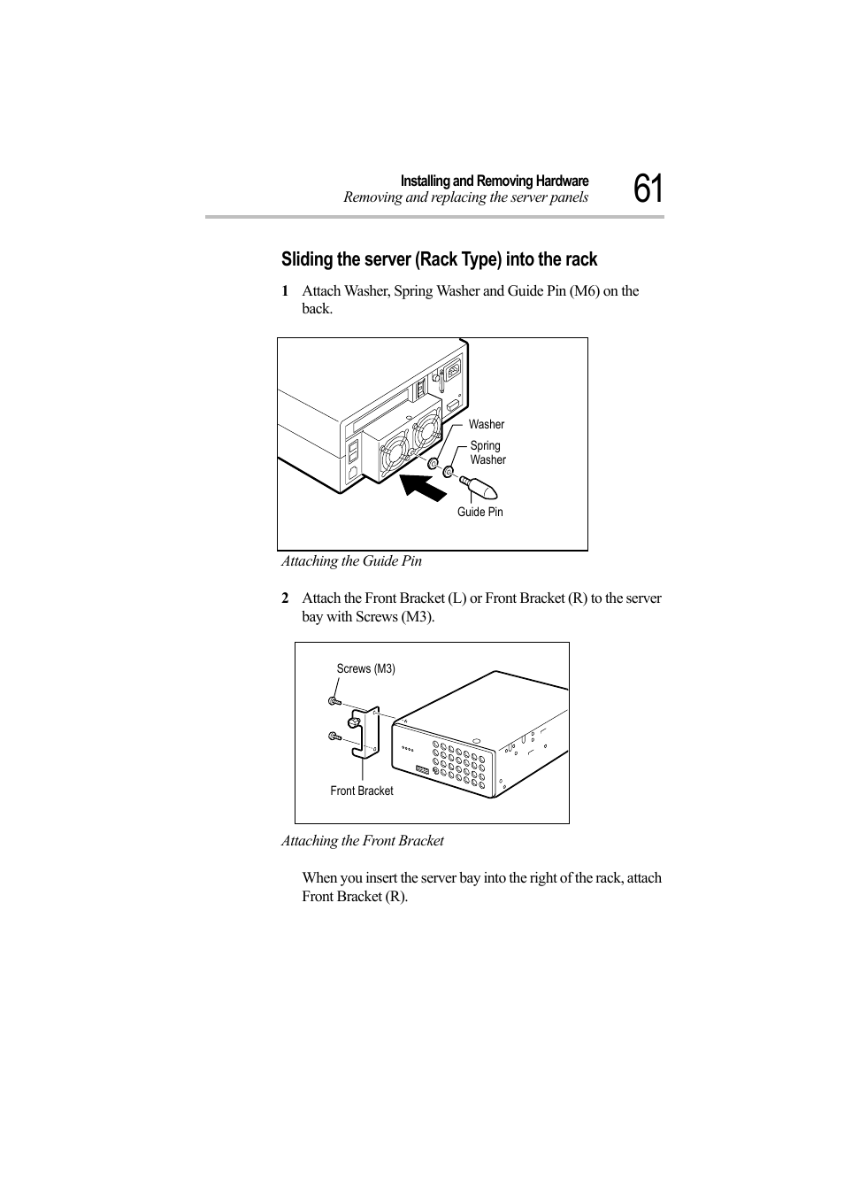 Sliding the server (rack type) into the rack, Attaching the guide pin, Attaching the front bracket | Toshiba Magnia Z500 User Manual | Page 80 / 242