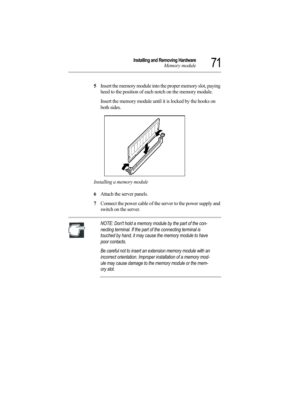 Installing a memory module, 6 attach the server panels | Toshiba Magnia Z500 User Manual | Page 90 / 242