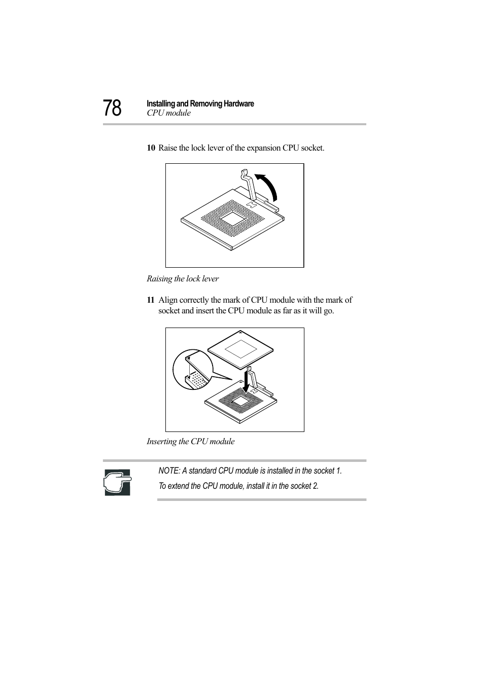 Raising the lock lever, Inserting the cpu module | Toshiba Magnia Z500 User Manual | Page 97 / 242