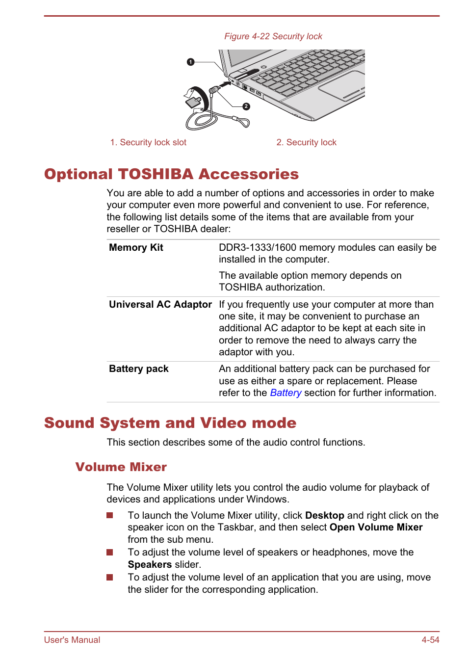 Optional toshiba accessories, Sound system and video mode, Volume mixer | To the | Toshiba Satellite P850 User Manual | Page 118 / 165