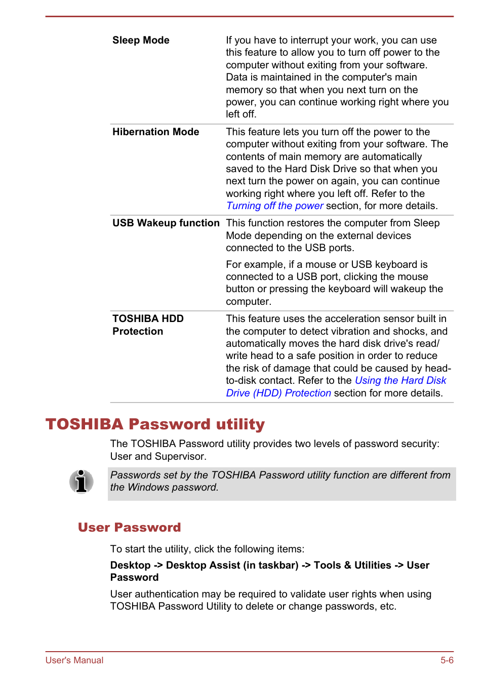 Toshiba password utility, User password, Toshiba password utility -6 | Toshiba Satellite P850 User Manual | Page 127 / 165