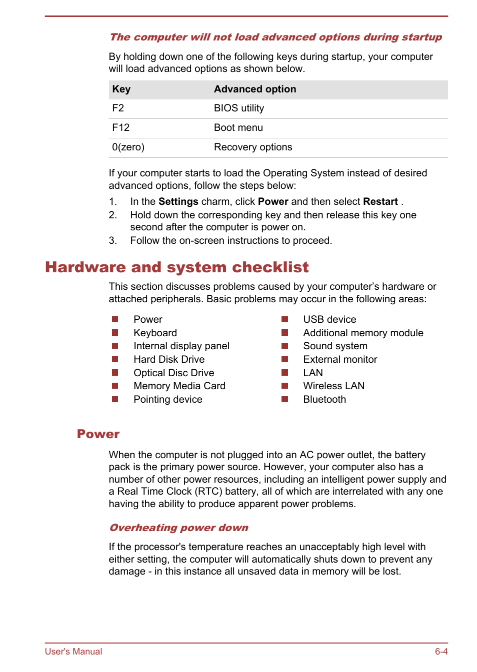 Hardware and system checklist, Power, Hardware and system checklist -4 | Toshiba Satellite P850 User Manual | Page 149 / 165