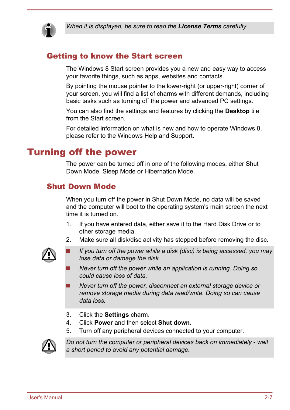 Getting to know the start screen, Turning off the power, Shut down mode | Turning off the power -7 | Toshiba Satellite P850 User Manual | Page 36 / 165