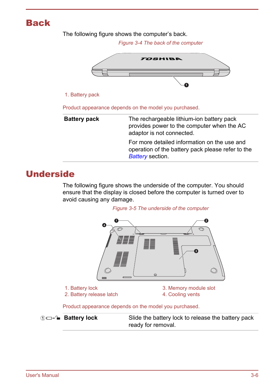 Back, Underside, Back -6 underside -6 | Toshiba Satellite P850 User Manual | Page 46 / 165